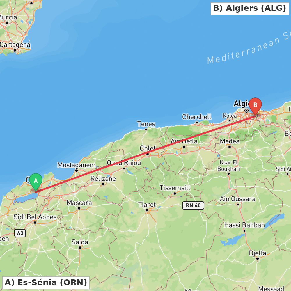 Flight route map from Es-Sénia to Algiers
