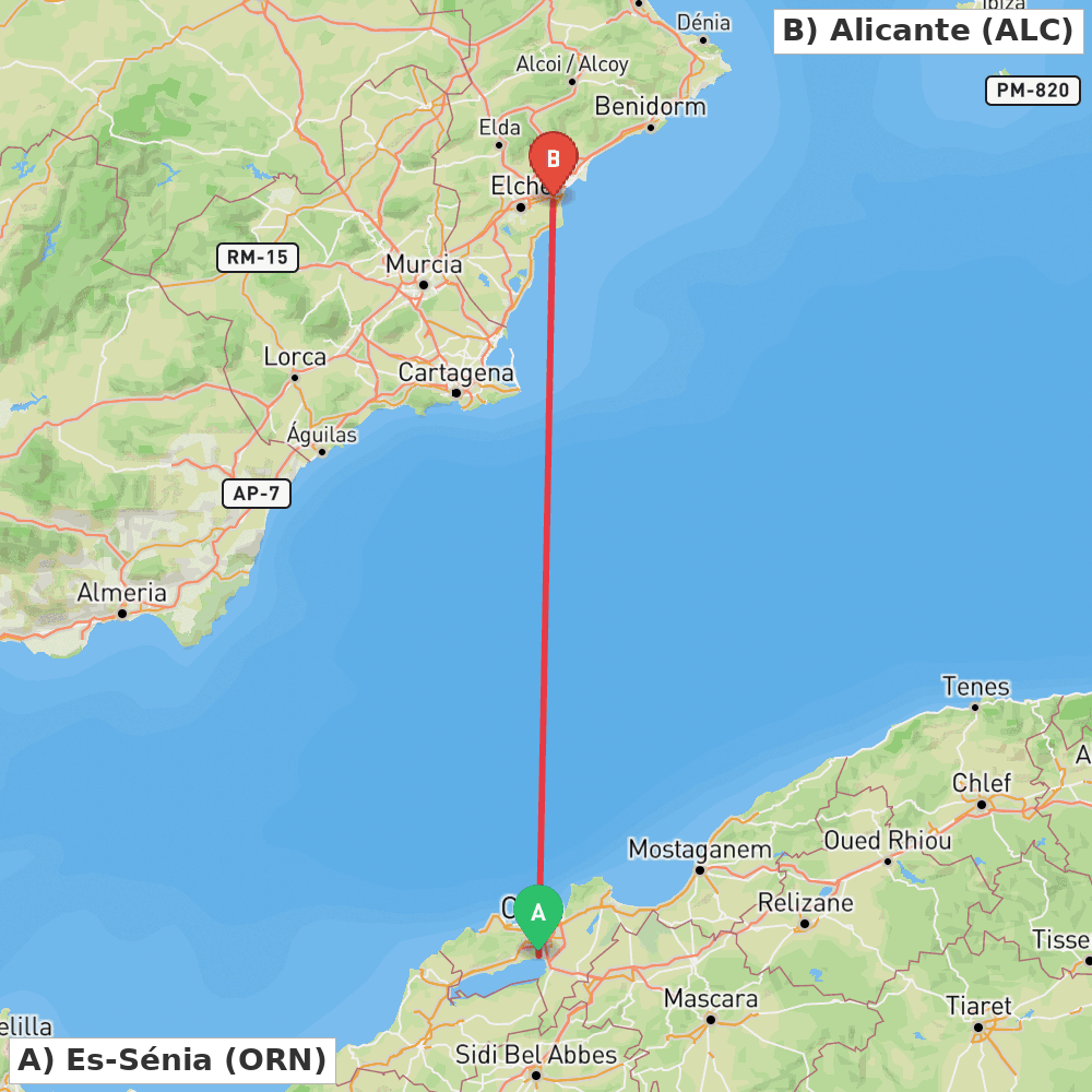 Flight route map from Es-Sénia to Alicante