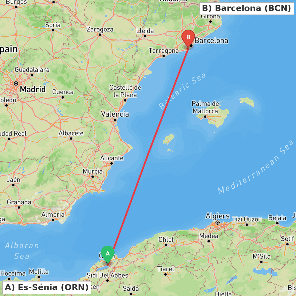 Flight route map from Es-Sénia to Barcelona