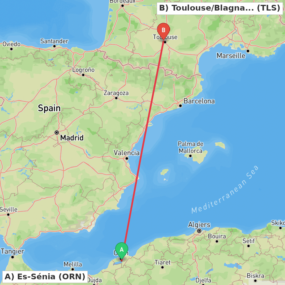 Flight route map from Es-Sénia to Toulouse/Blagnac
