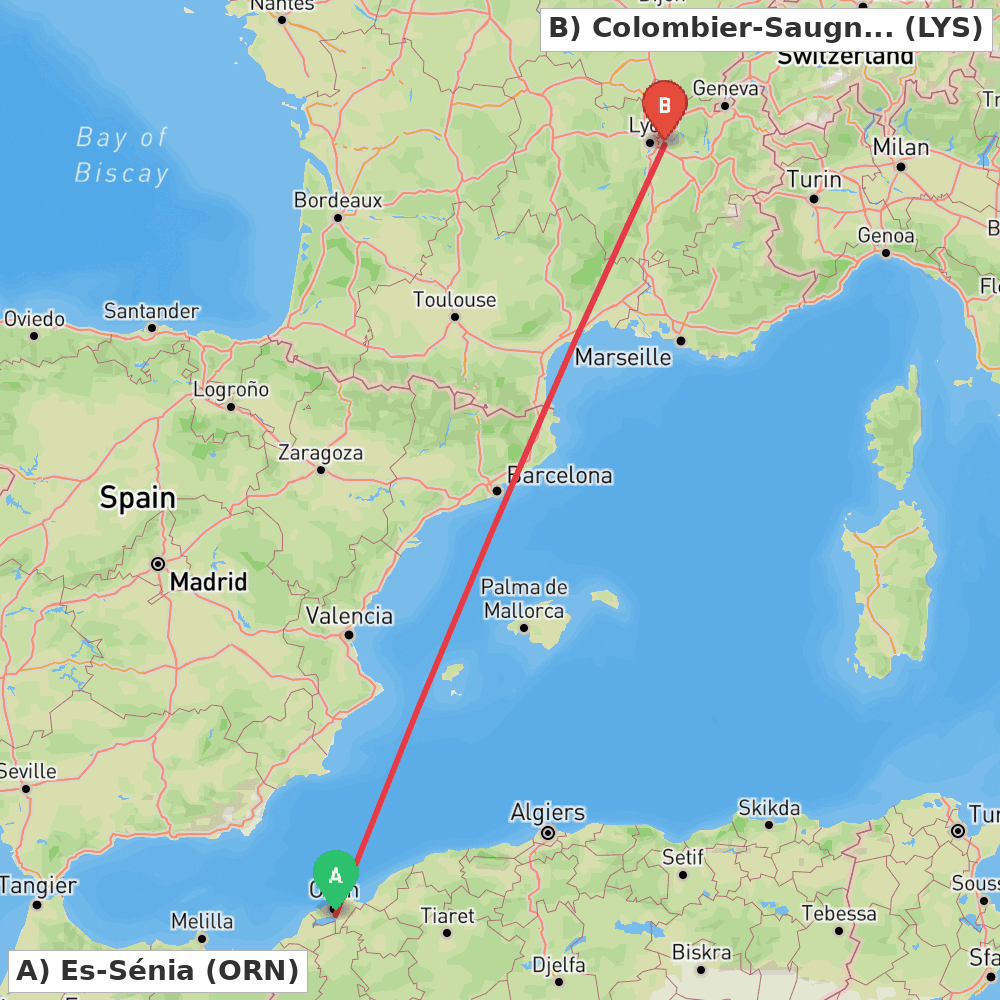 Flight route map from Es-Sénia to Colombier-Saugnieu, Rhône