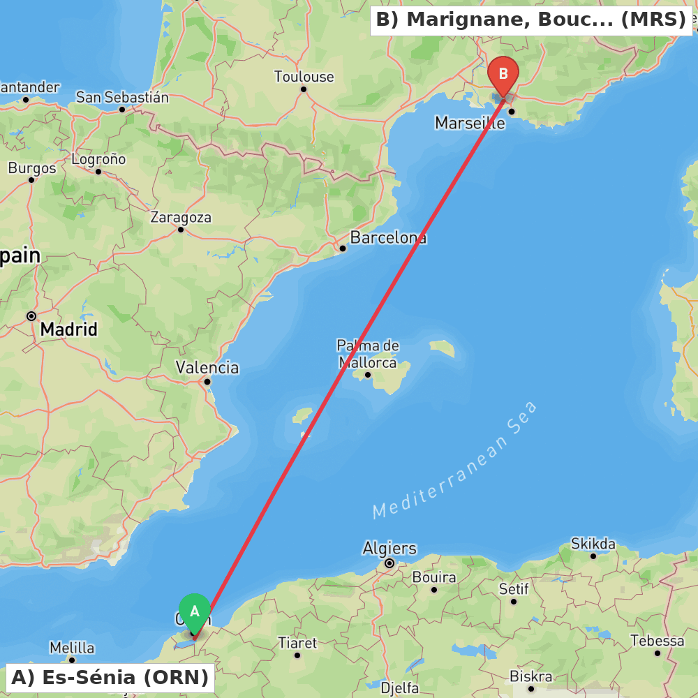 Flight route map from Es-Sénia to Marignane, Bouches-du-Rhône