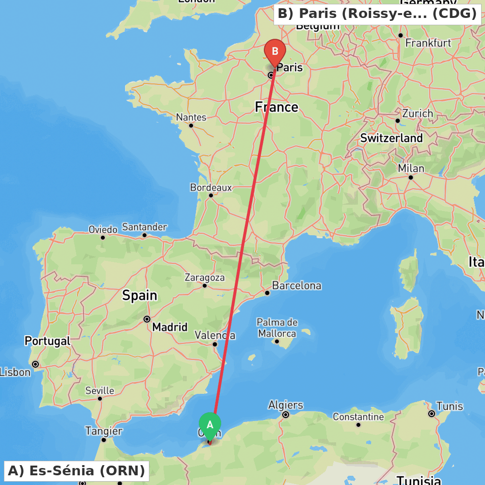 Flight route map from Es-Sénia to Paris (Roissy-en-France, Val-d'Oise)