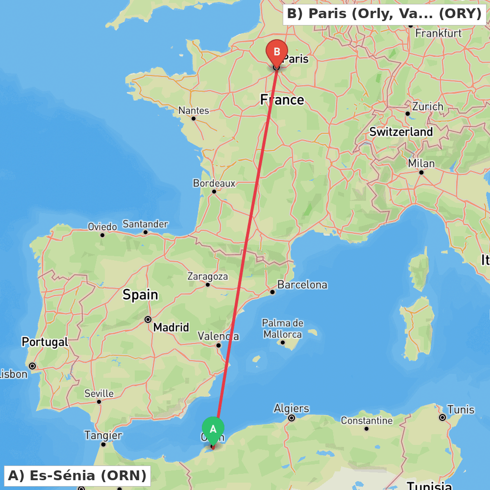 Flight route map from Es-Sénia to Paris (Orly, Val-de-Marne)