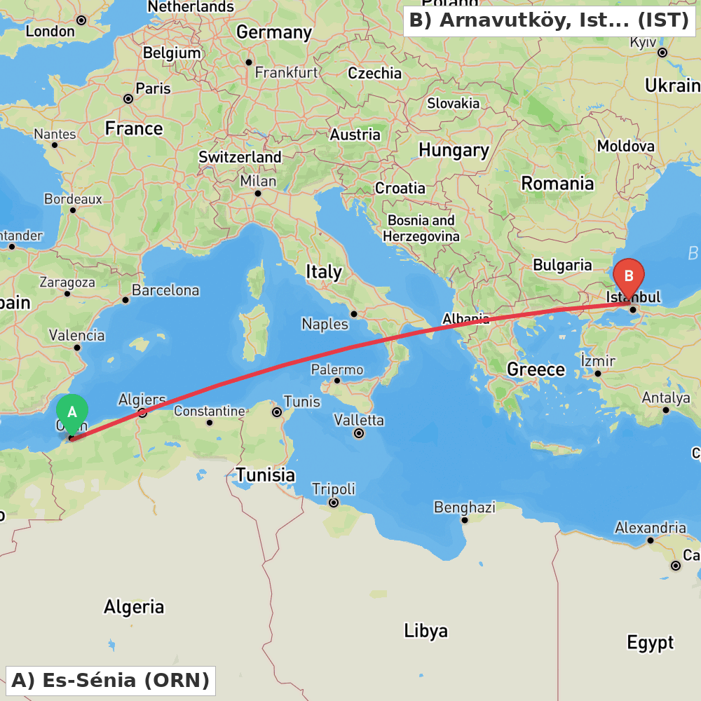 Flight route map from Es-Sénia to Arnavutköy, Istanbul