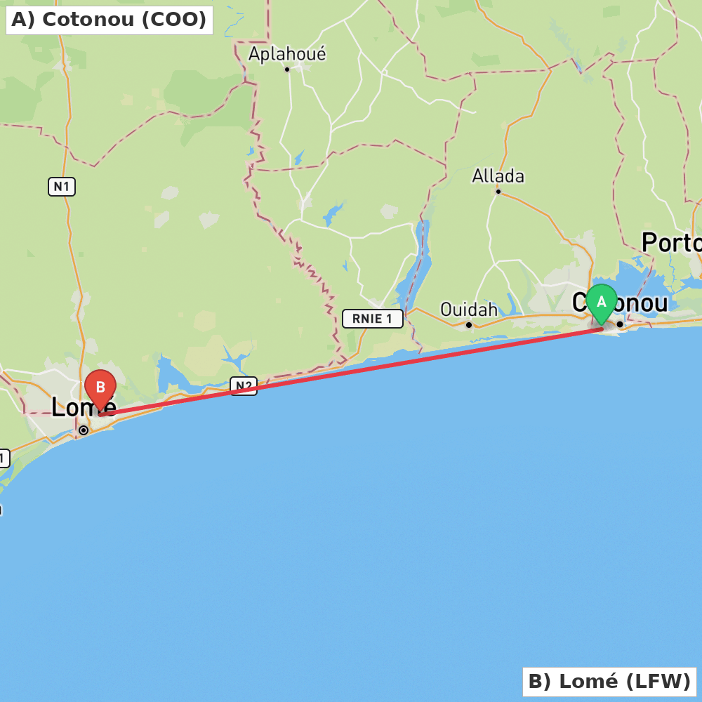 Flight route map from Cotonou to Lomé