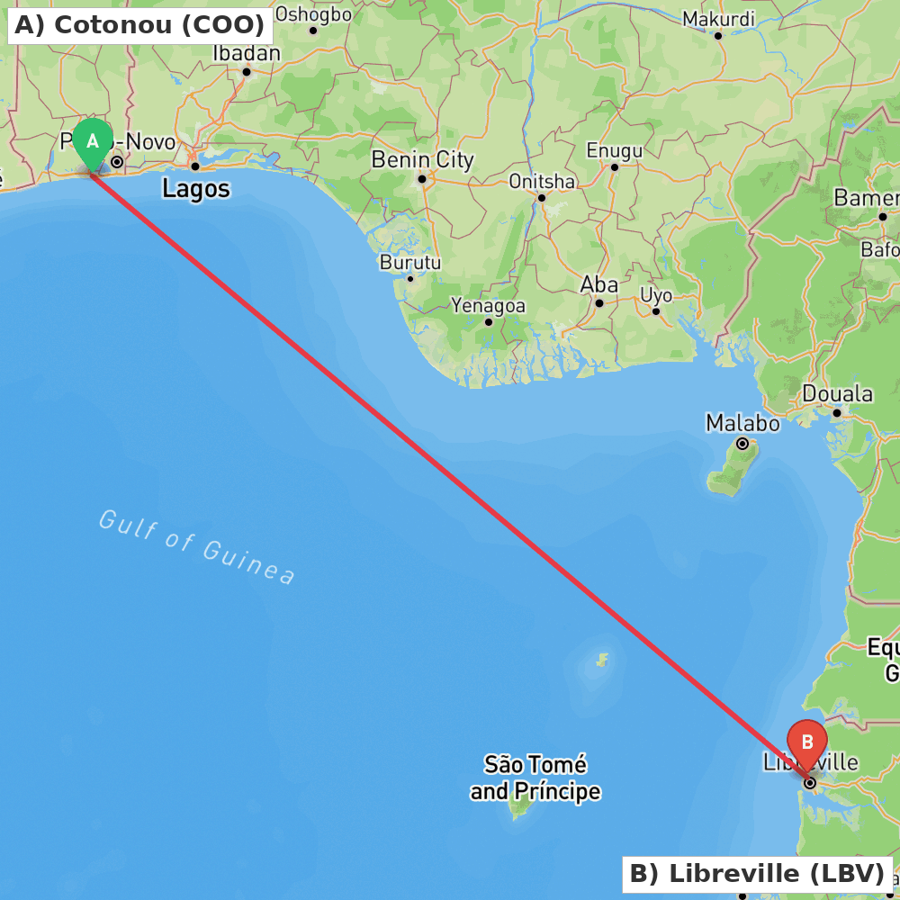 Flight route map from Cotonou to Libreville