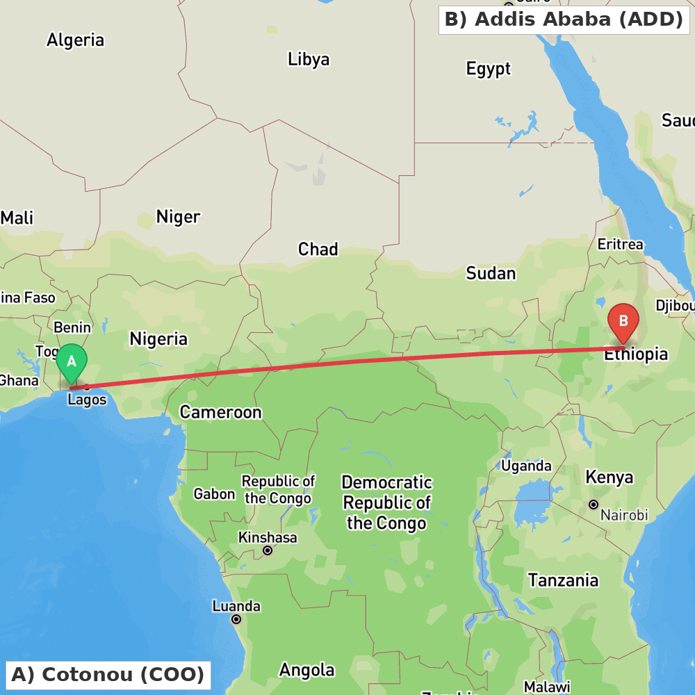 Flight route map from Cotonou to Addis Ababa