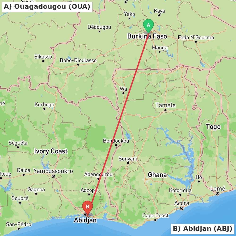 Flight route map from Ouagadougou to Abidjan