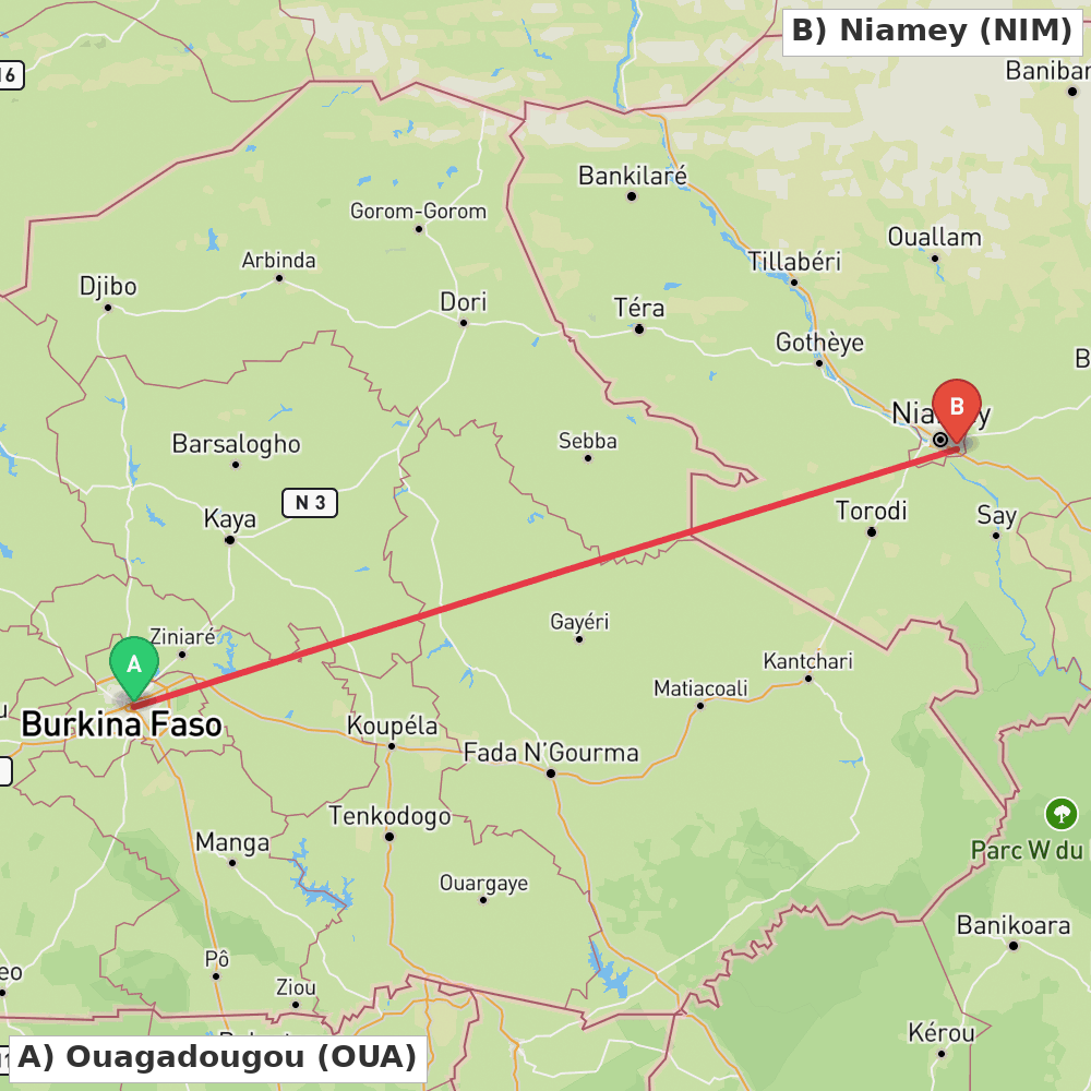 Flight route map from Ouagadougou to Niamey