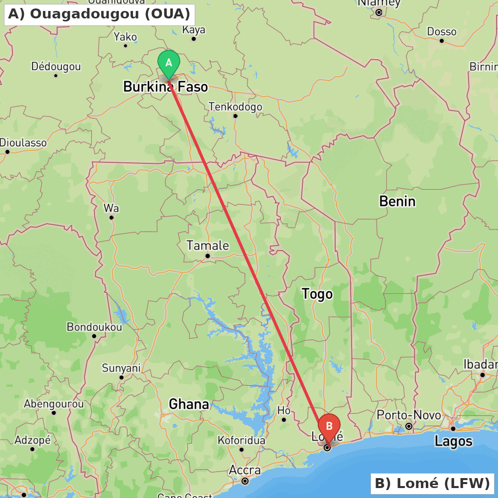 Flight route map from Ouagadougou to Lomé