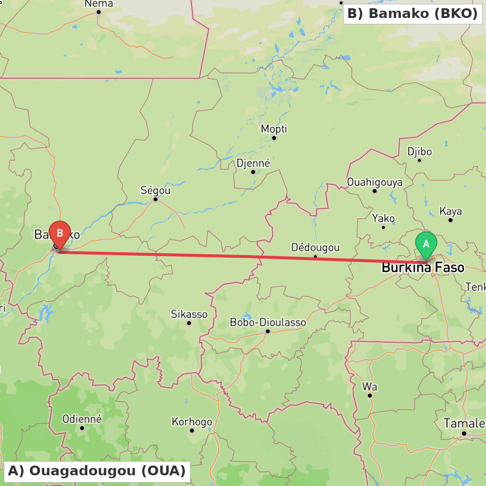 Flight route map from Ouagadougou to Bamako