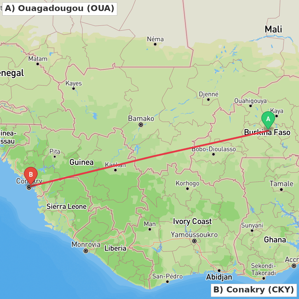 Flight route map from Ouagadougou to Conakry