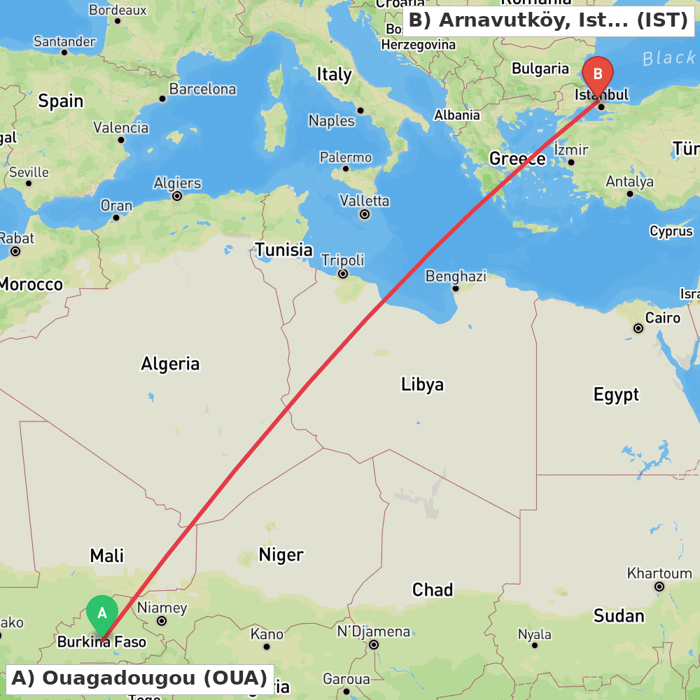 Flight route map from Ouagadougou to Arnavutköy, Istanbul
