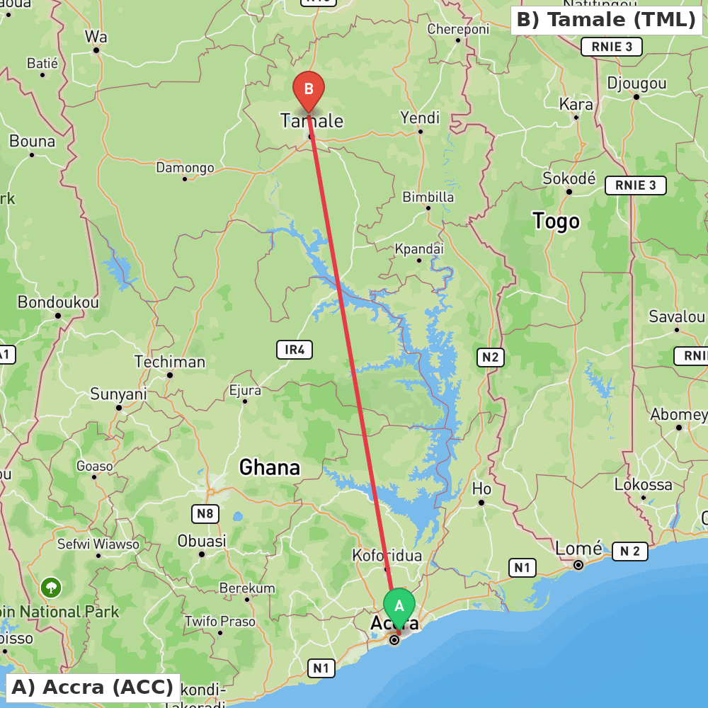 Flight route map from Accra to Tamale