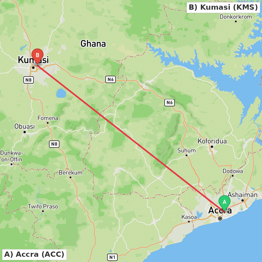 Flight route map from Accra to Kumasi