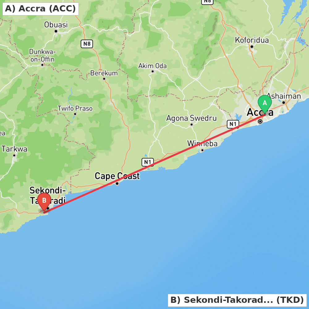 Flight route map from Accra to Sekondi-Takoradi