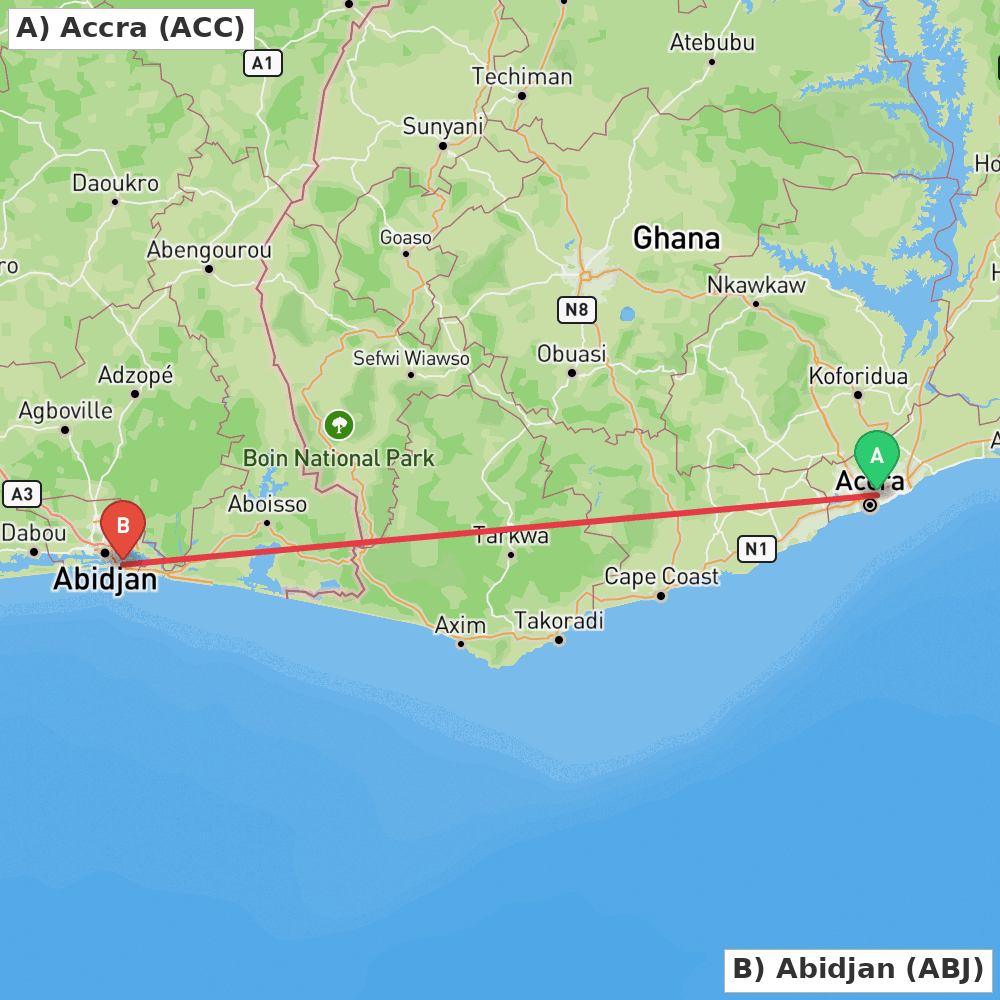 Flight route map from Accra to Abidjan