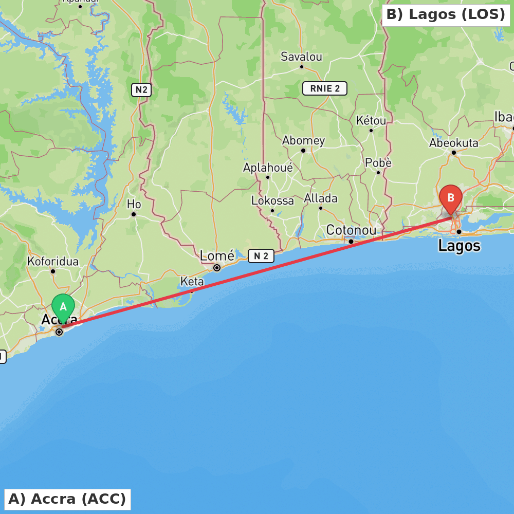 Flight route map from Accra to Lagos