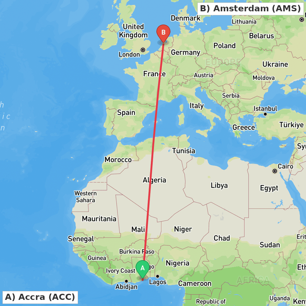 Flight route map from Accra to Amsterdam