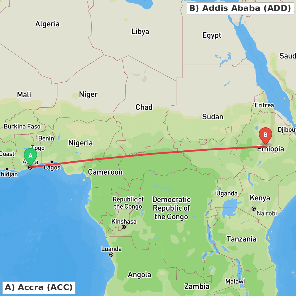 Flight route map from Accra to Addis Ababa