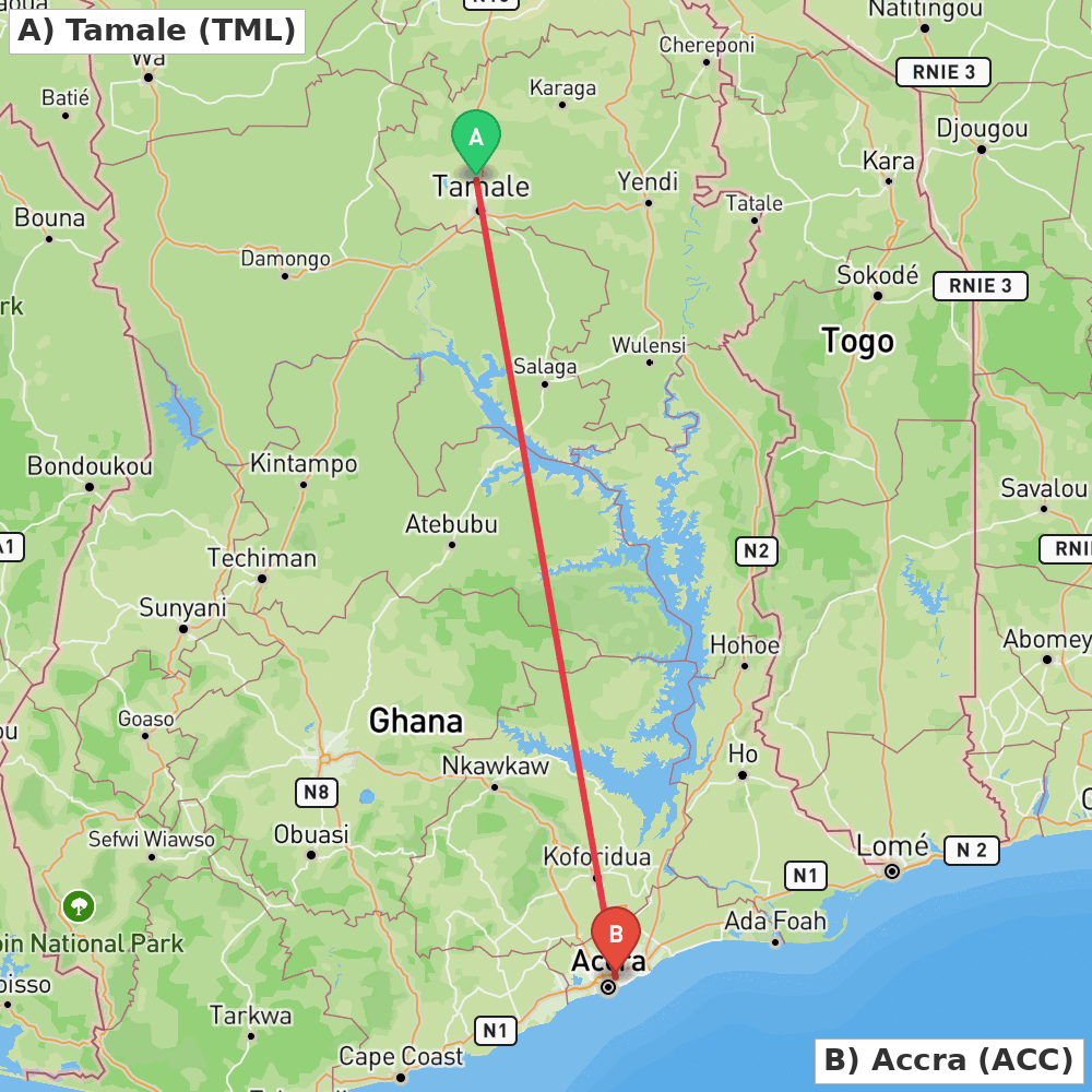 Flight route map from Tamale to Accra