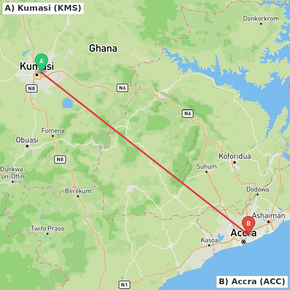 Flight route map from Kumasi to Accra