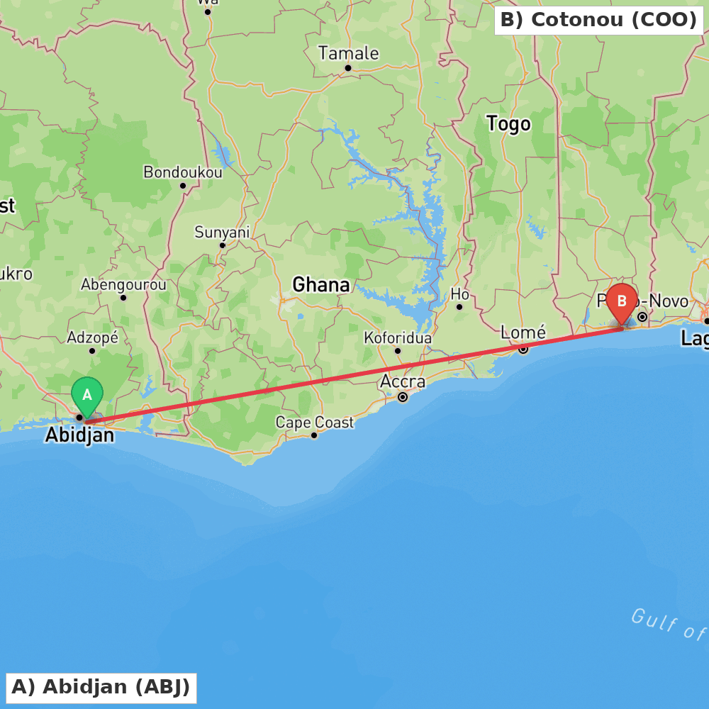 Flight route map from Abidjan to Cotonou
