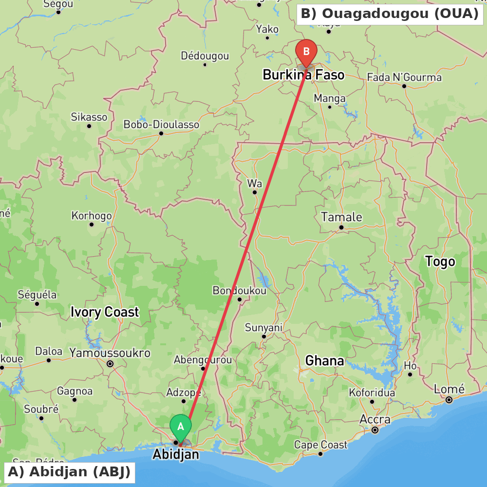 Flight route map from Abidjan to Ouagadougou