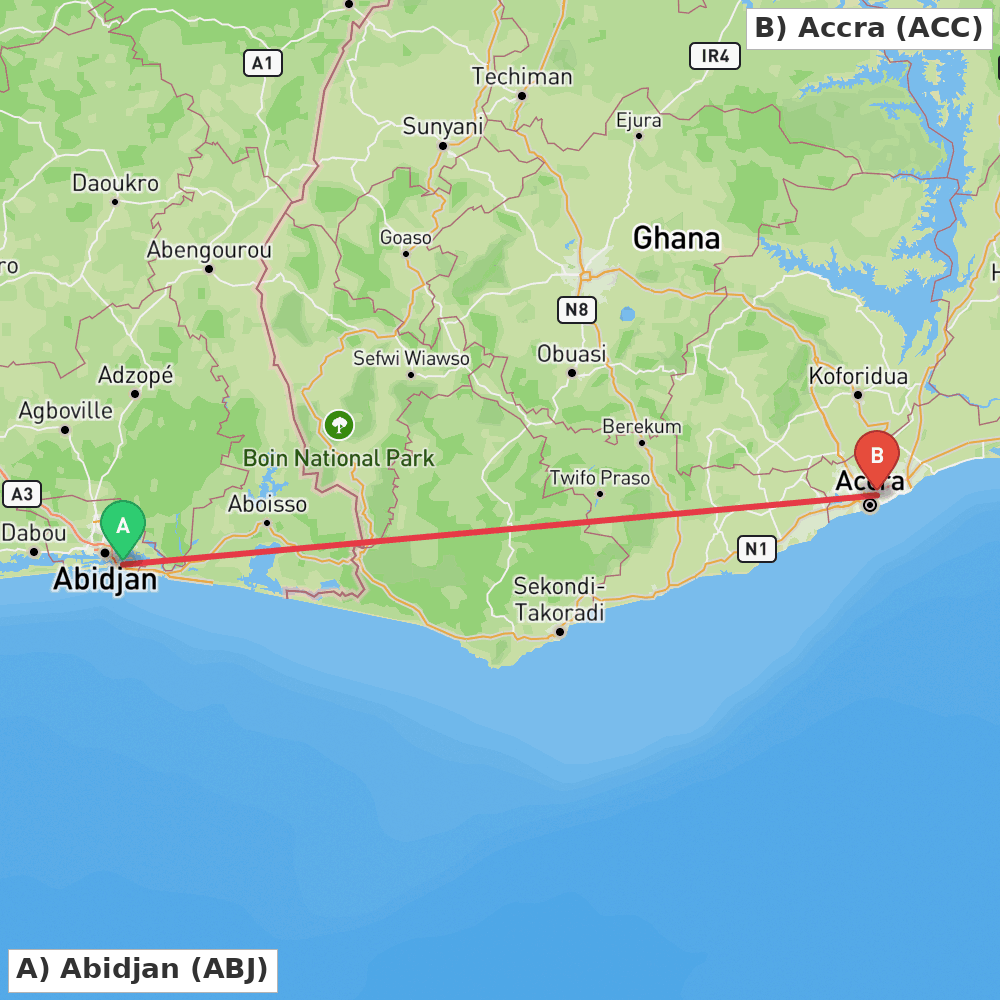 Flight route map from Abidjan to Accra