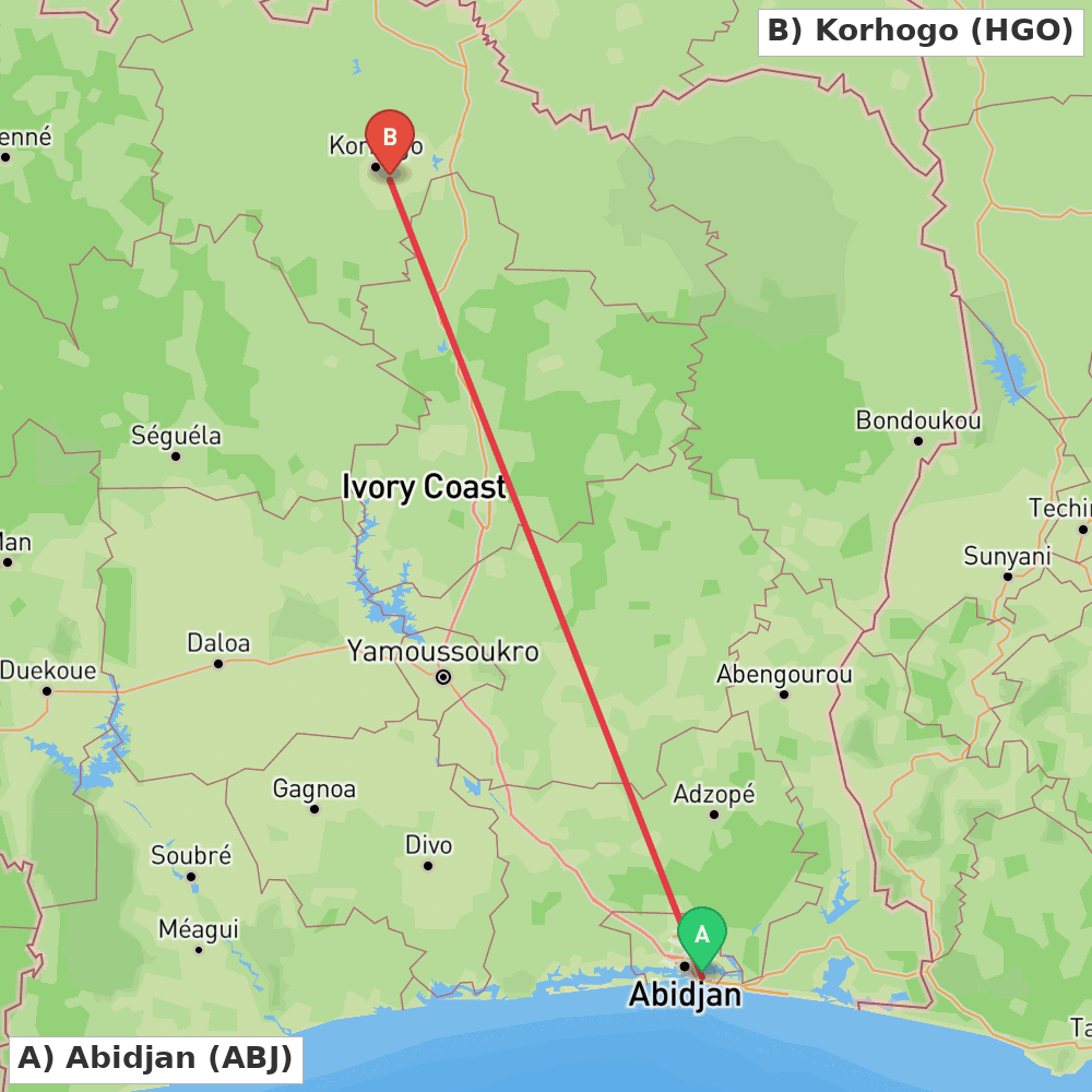 Flight route map from Abidjan to Korhogo