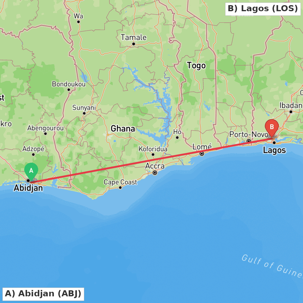Flight route map from Abidjan to Lagos
