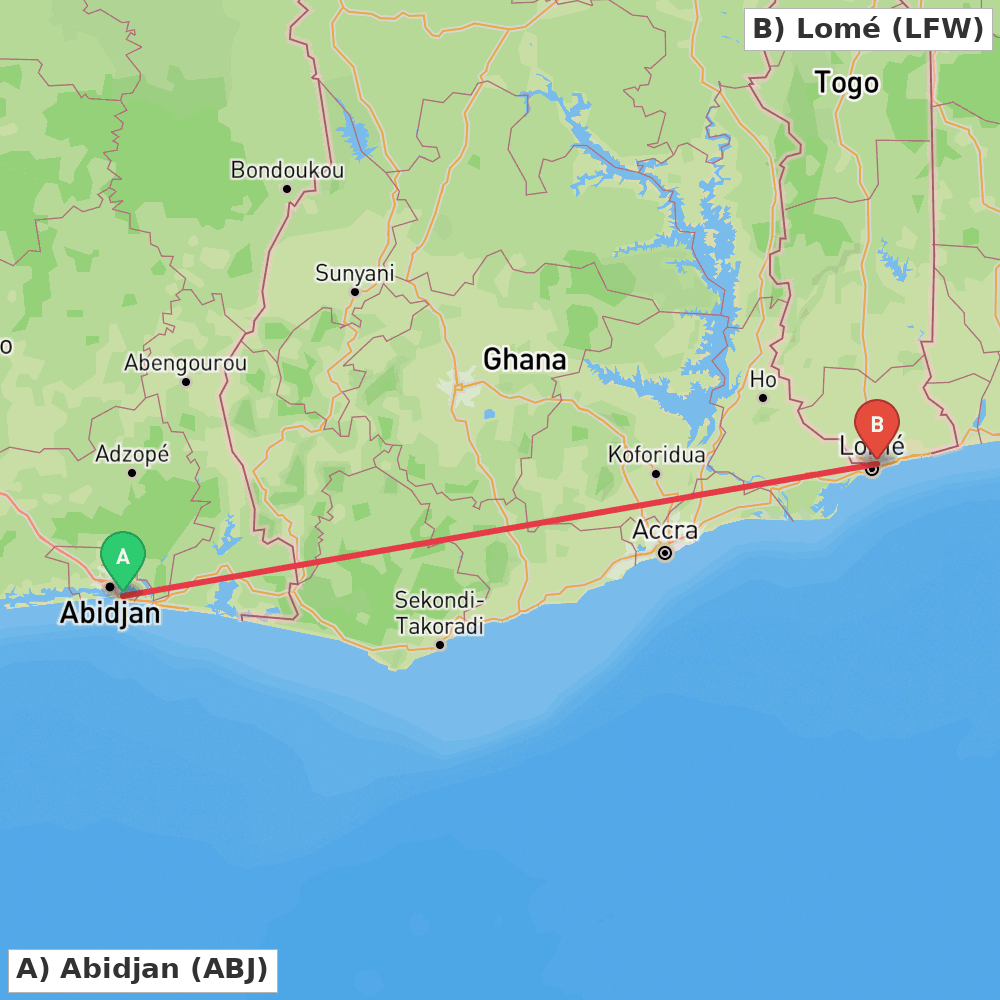 Flight route map from Abidjan to Lomé