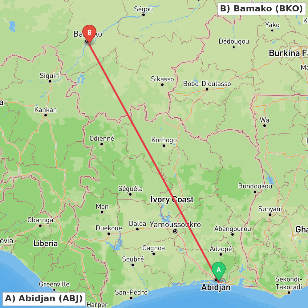 Flight route map from Abidjan to Bamako