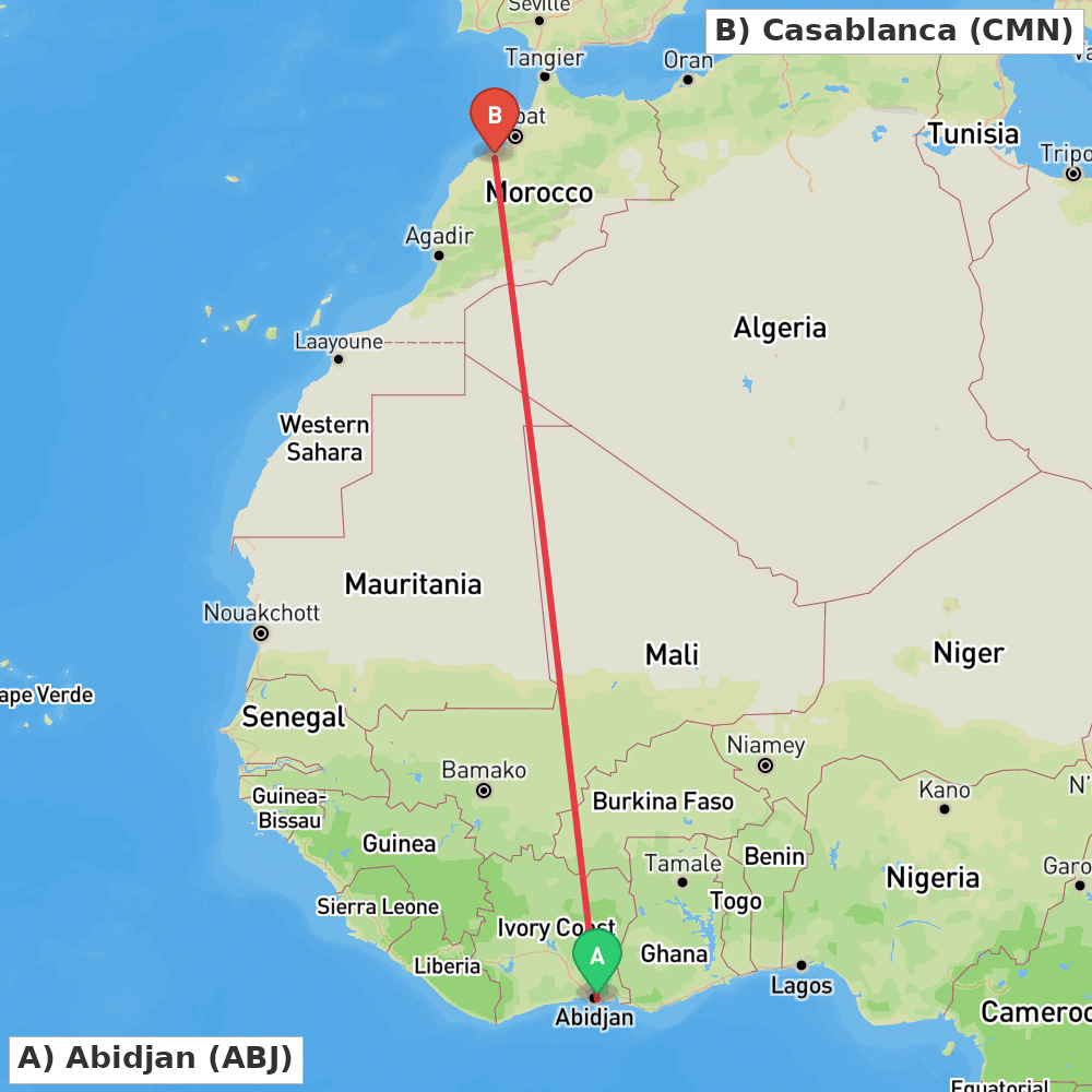 Flight route map from Abidjan to Casablanca