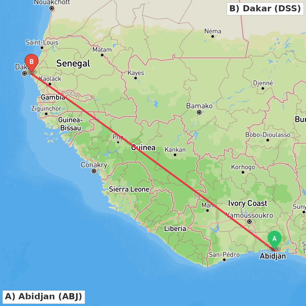 Flight route map from Abidjan to Dakar