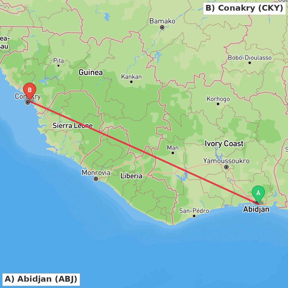 Flight route map from Abidjan to Conakry