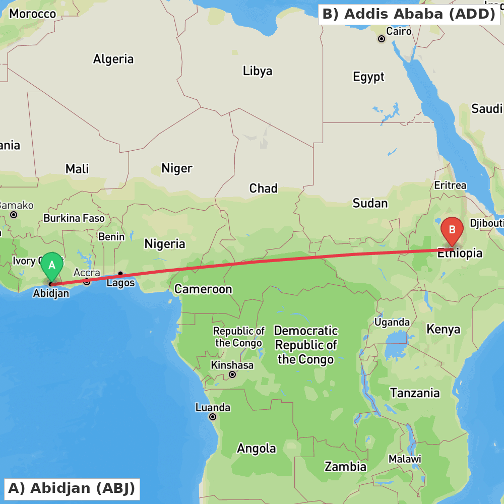 Flight route map from Abidjan to Addis Ababa
