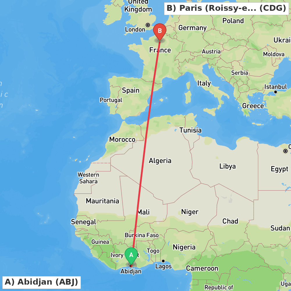 Flight route map from Abidjan to Paris (Roissy-en-France, Val-d'Oise)