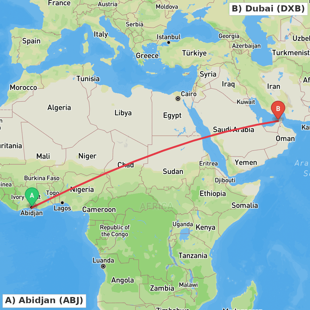 Flight route map from Abidjan to Dubai