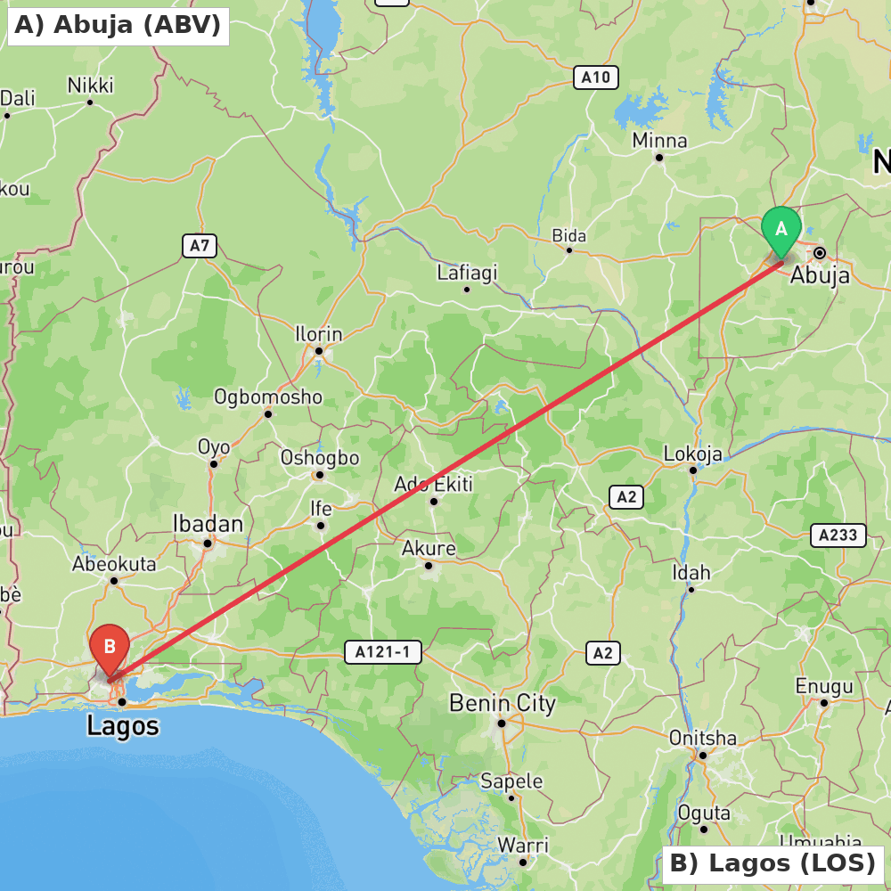 Flight route map from Abuja to Lagos