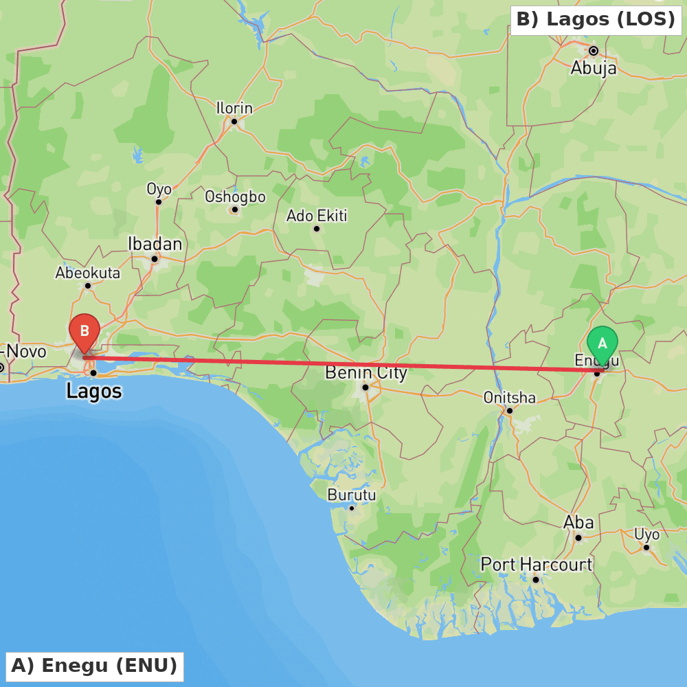 Flight route map from Enegu to Lagos