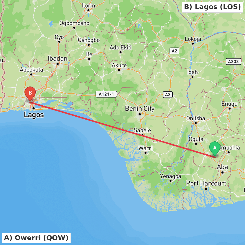 Flight route map from Owerri to Lagos