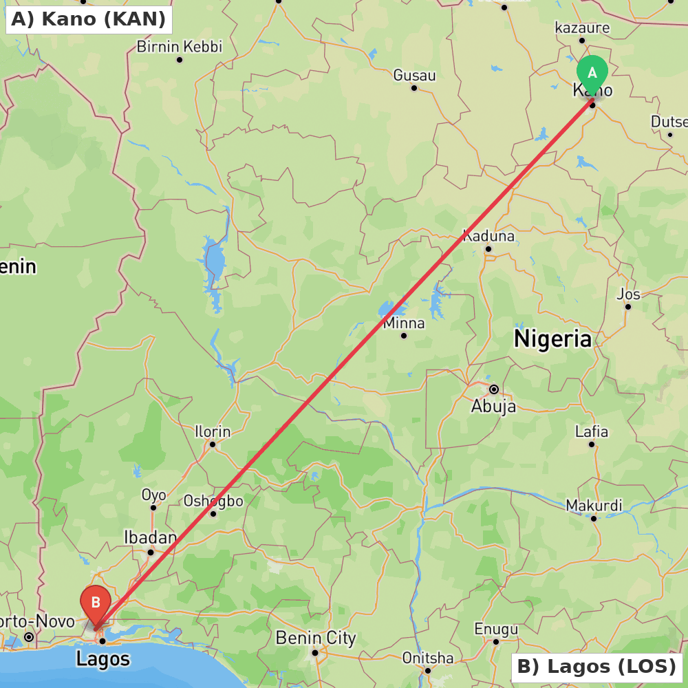 Flight route map from Kano to Lagos