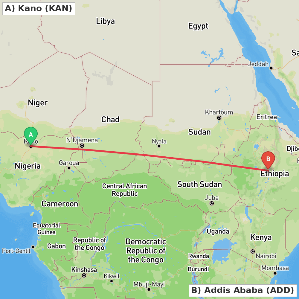 Flight route map from Kano to Addis Ababa