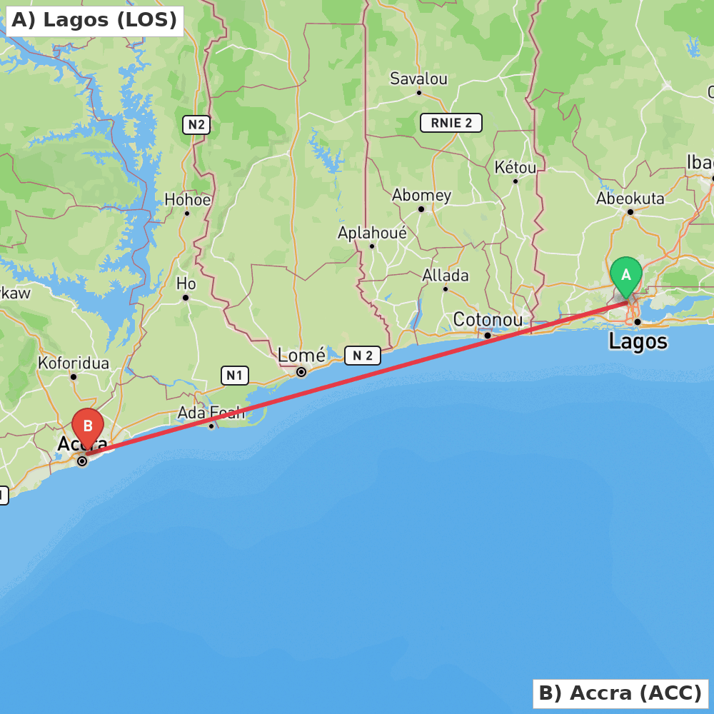 Flight route map from Lagos to Accra