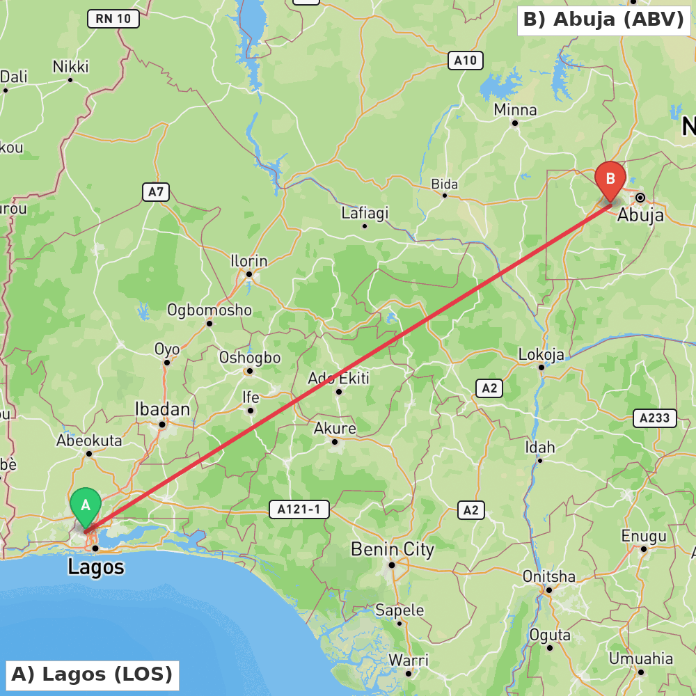 Flight route map from Lagos to Abuja