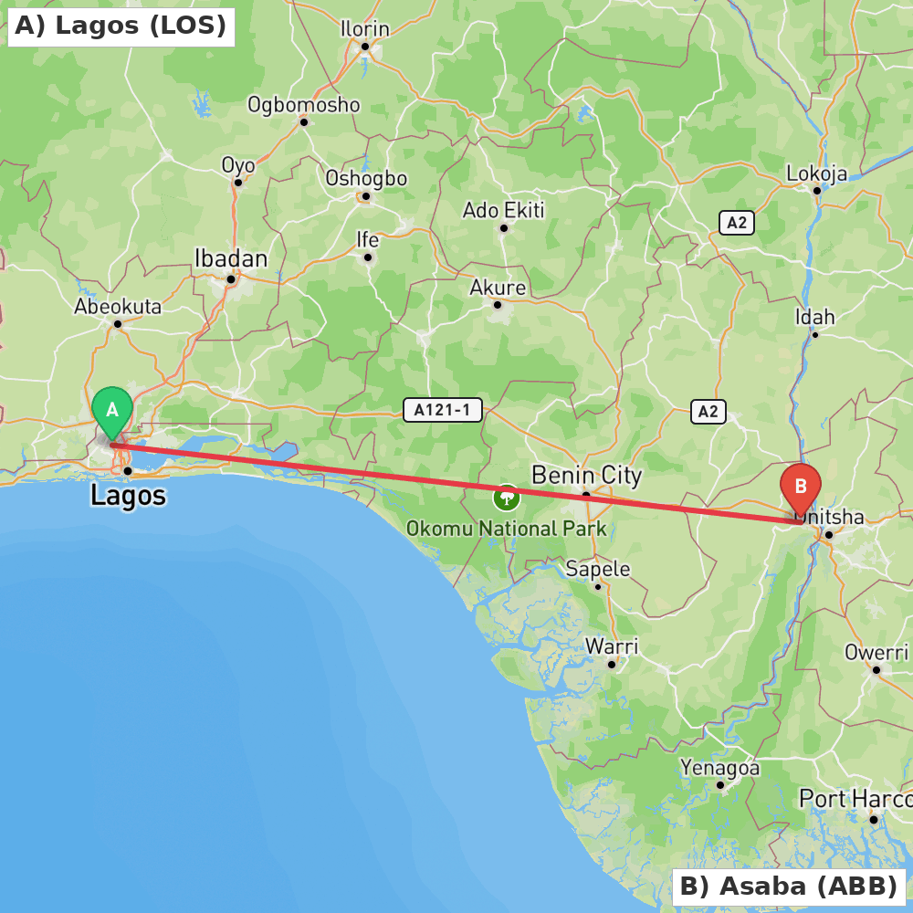 Flight route map from Lagos to Asaba