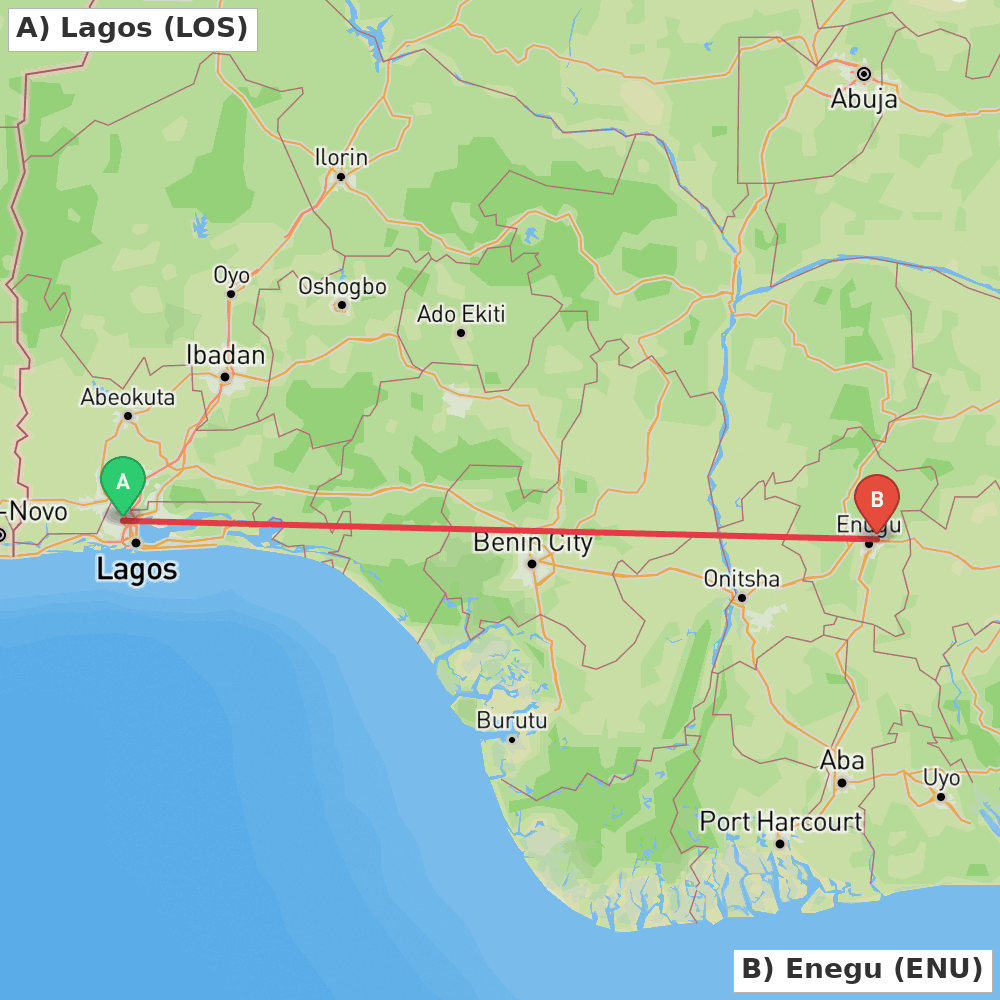 Flight route map from Lagos to Enegu