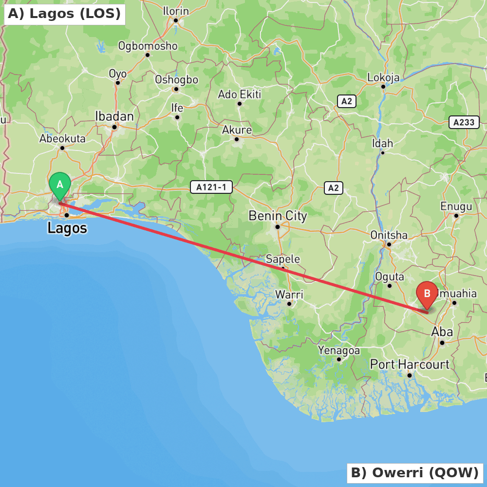 Flight route map from Lagos to Owerri